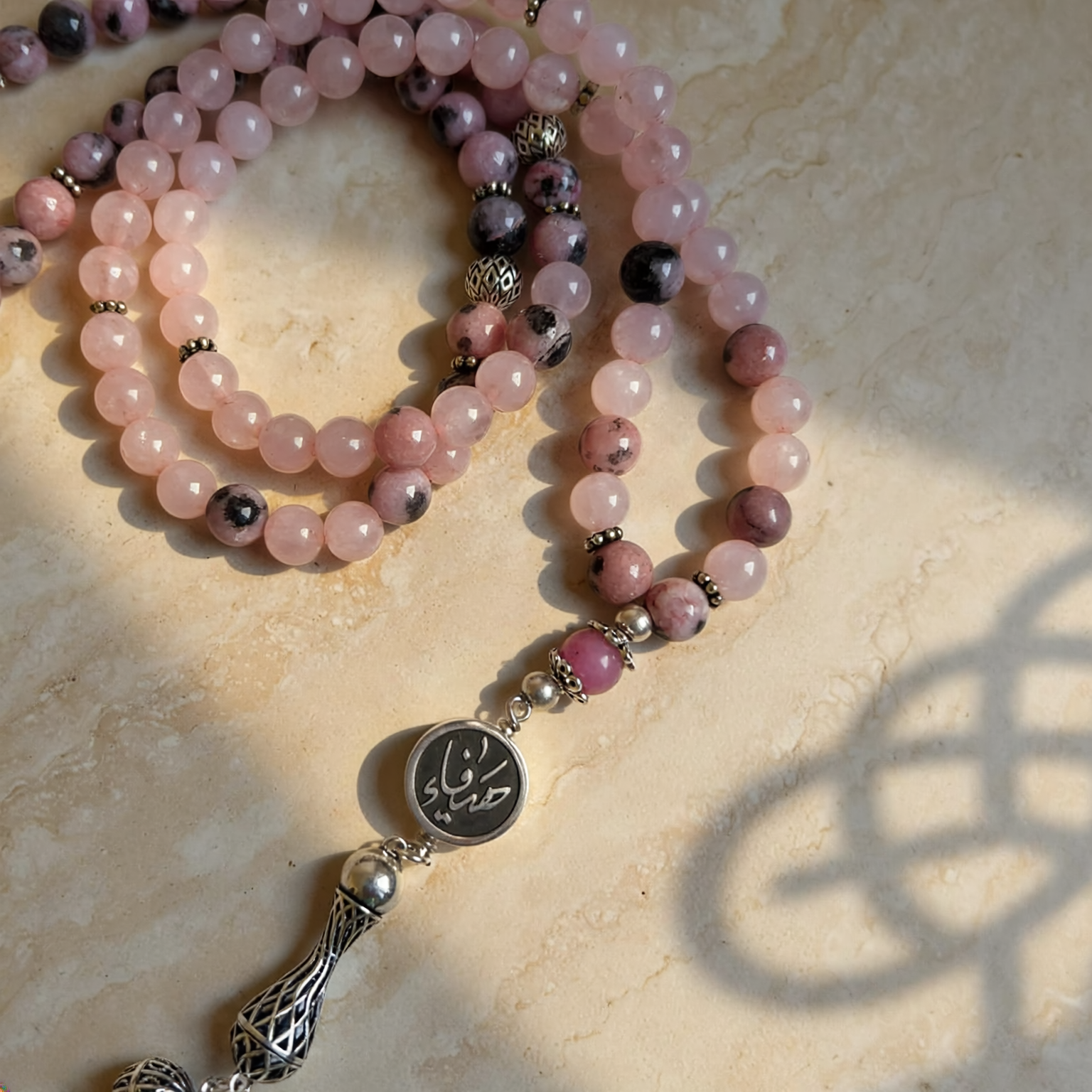 Custom Calligraphy 99 Bead Rose Quartz Rosary