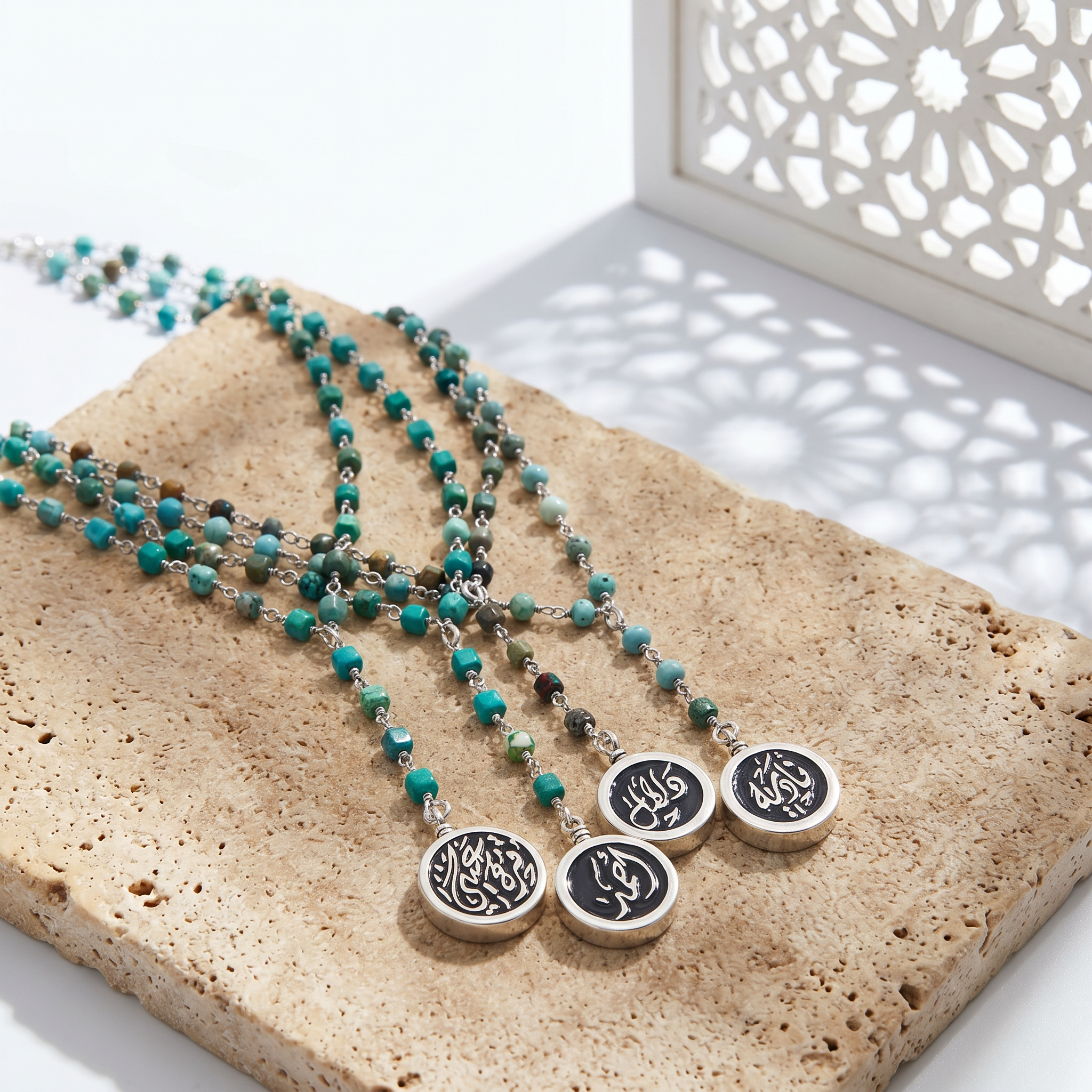 Calligraphy Spinning Medallion Turquoise Y-Necklace
