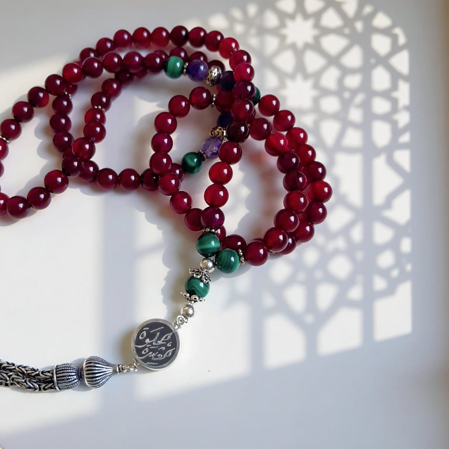Custom Calligraphy 99 Bead Agate & Malachite Rosary