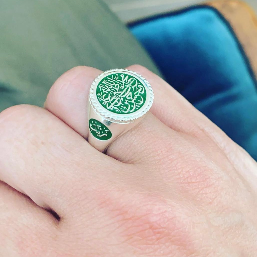 Tri-Custom Calligraphy Enamel Signet Braided Rope Border Ring