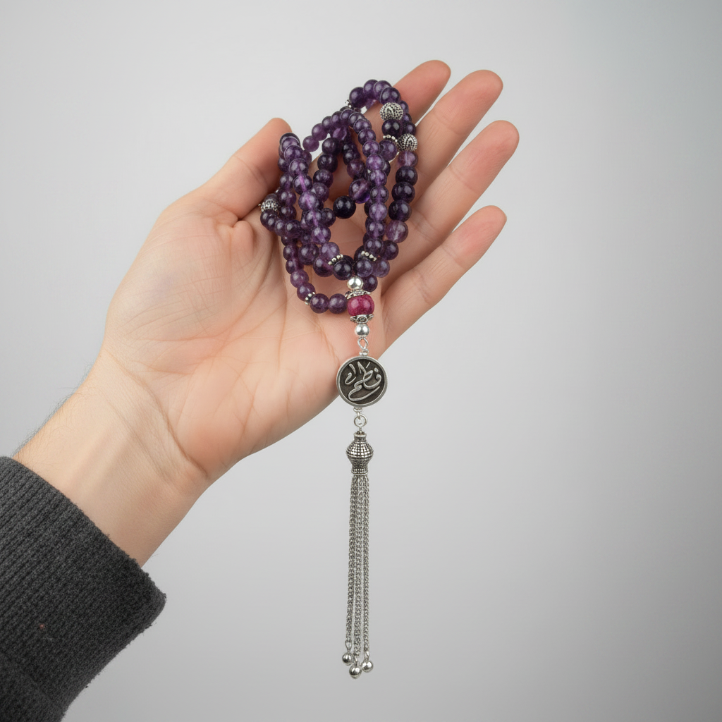 Custom Calligraphy 99 Bead Amethyst Rosary