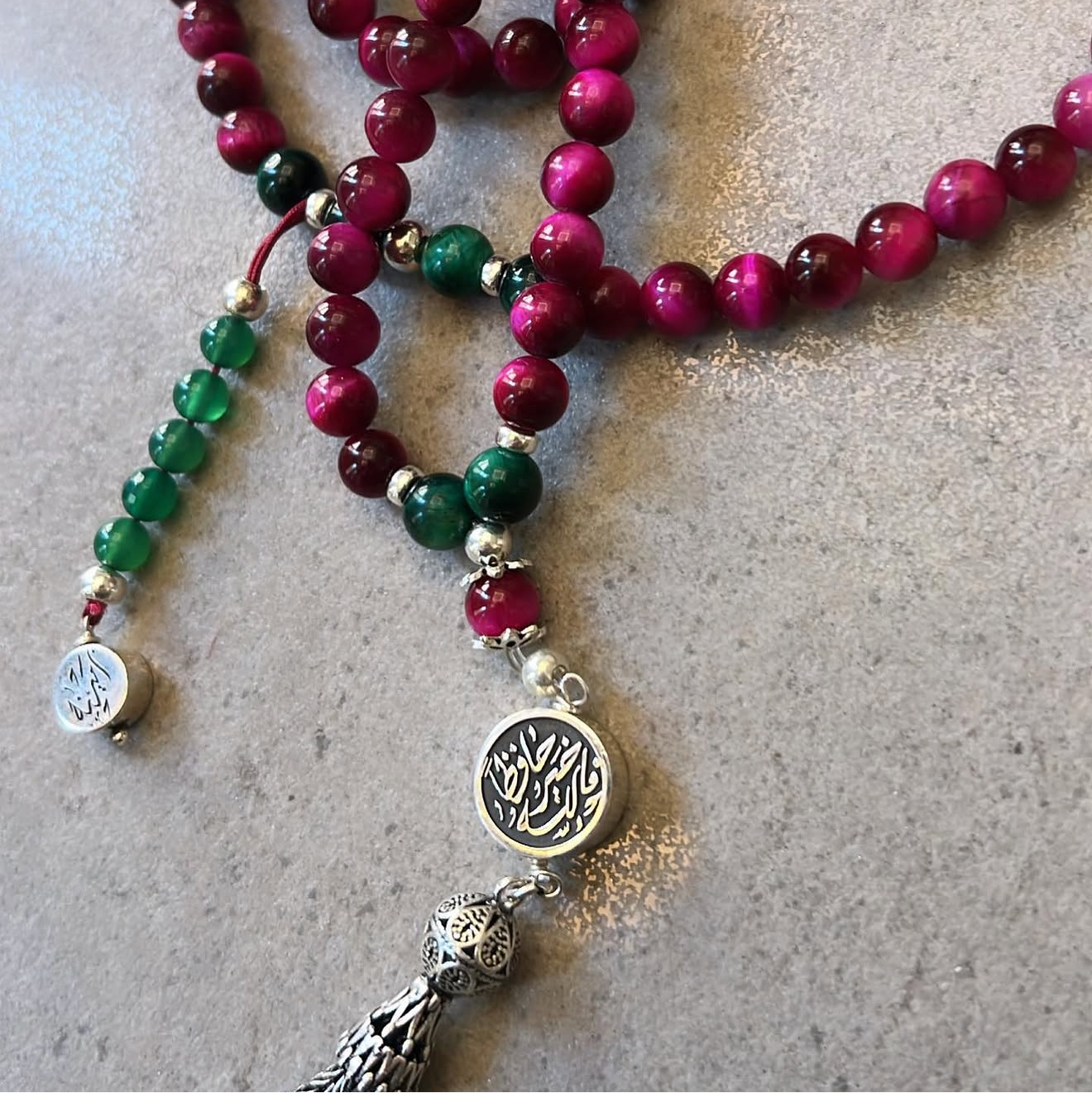 Custom Calligraphy 99 Bead Gemstone Rosary - Pink & Green