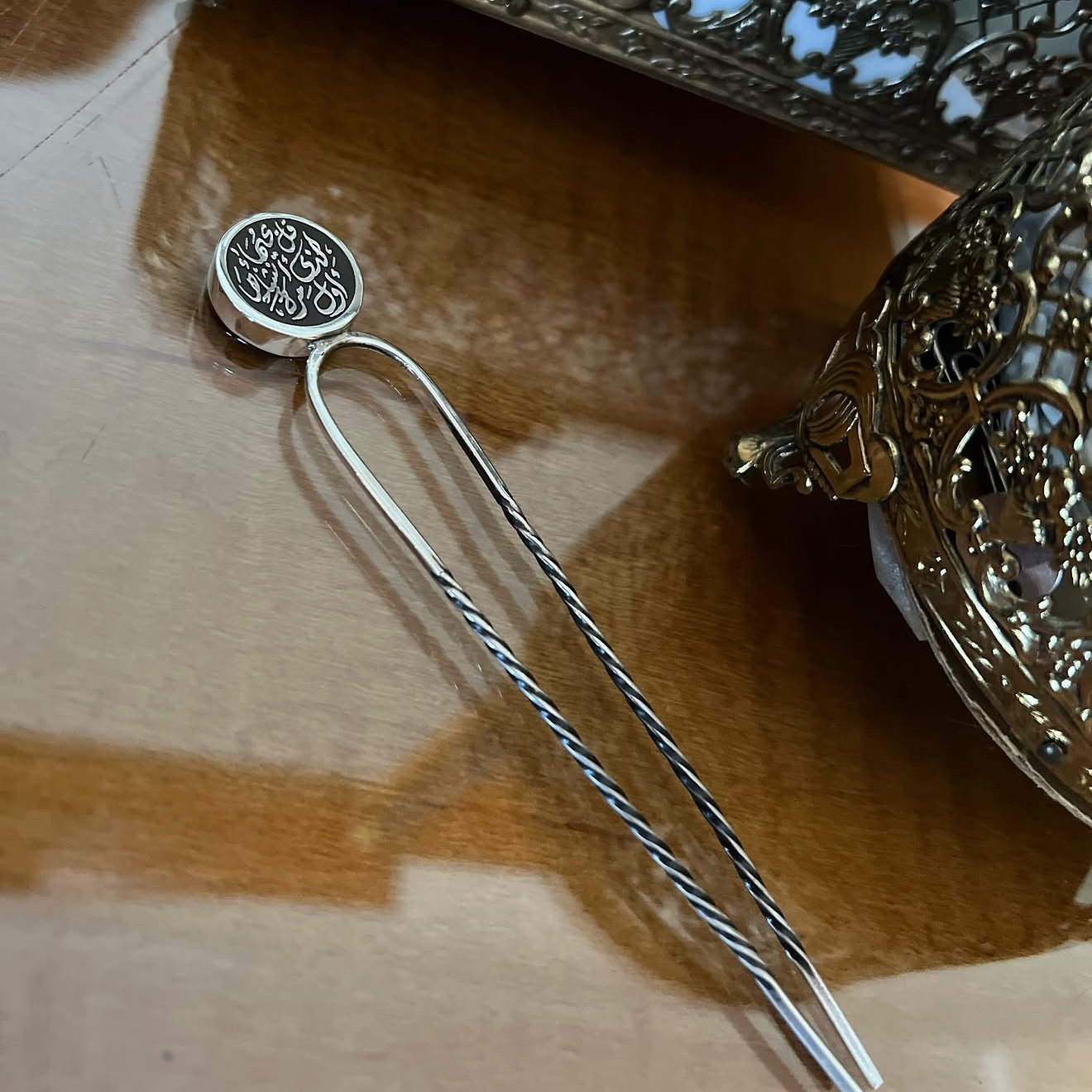 Custom Calligraphy Sterling Silver Hair Pin & Genuine Leather Sleeve