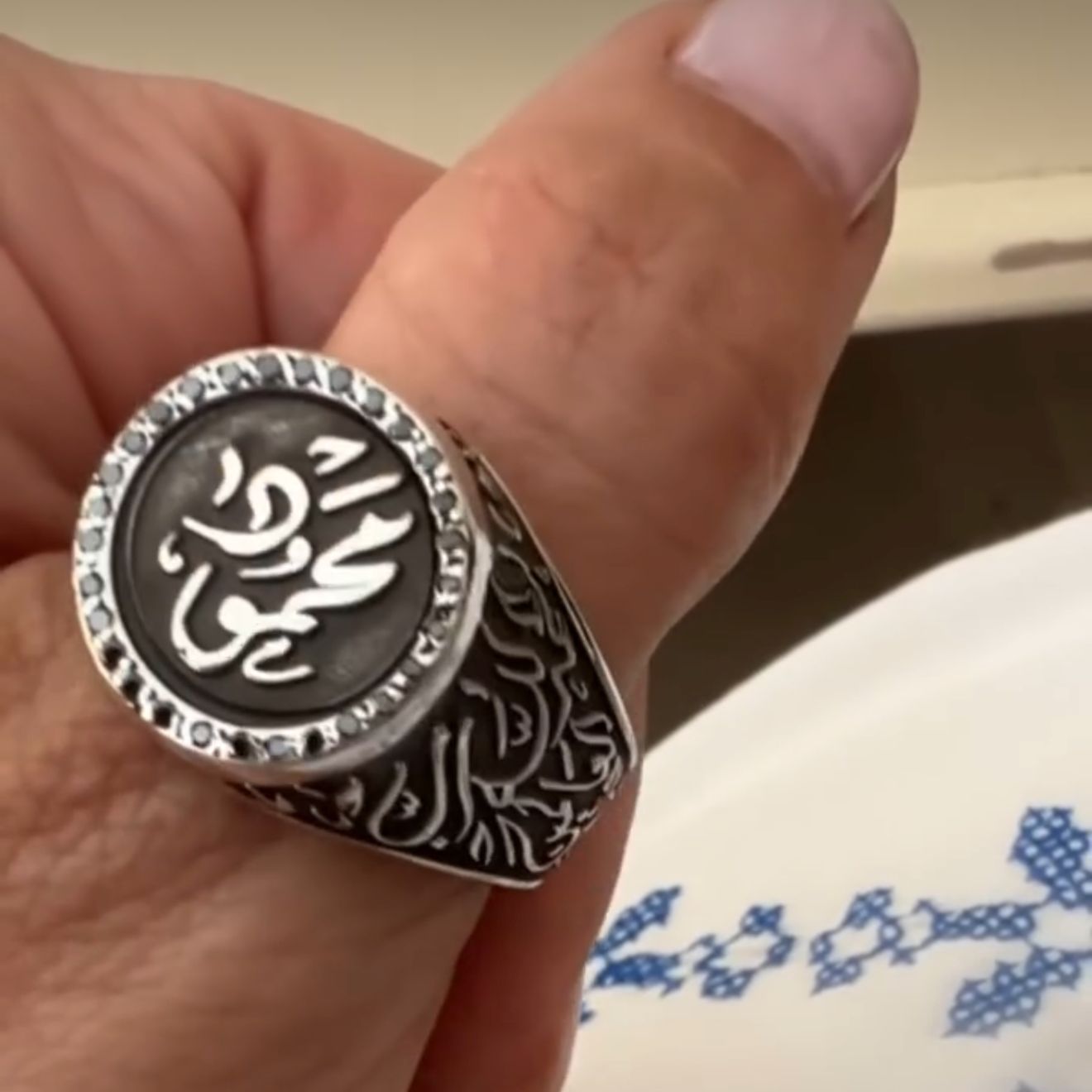 Custom Calligraphy Sterling Silver Signet Ring Black Diamonds - Tri Sides