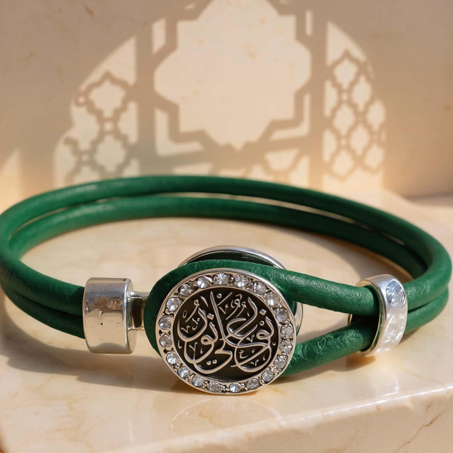 Calligraphy Medallion Leather Bracelet with Masonite