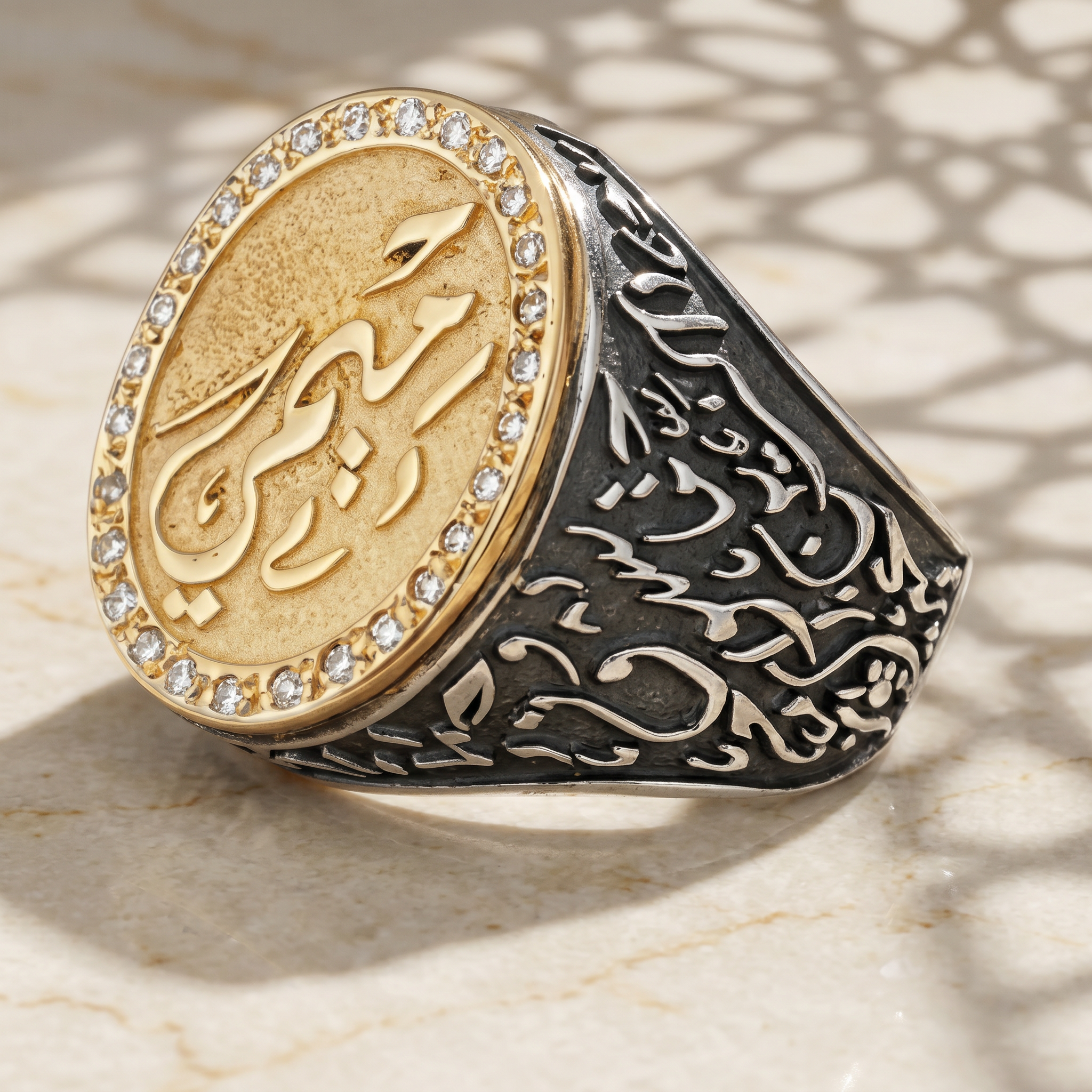 Custom Two-Tone Calligraphy Signet Ring with Masonite