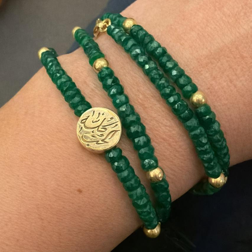 Emerald beads wrap bracelet with gold calligraphy coin