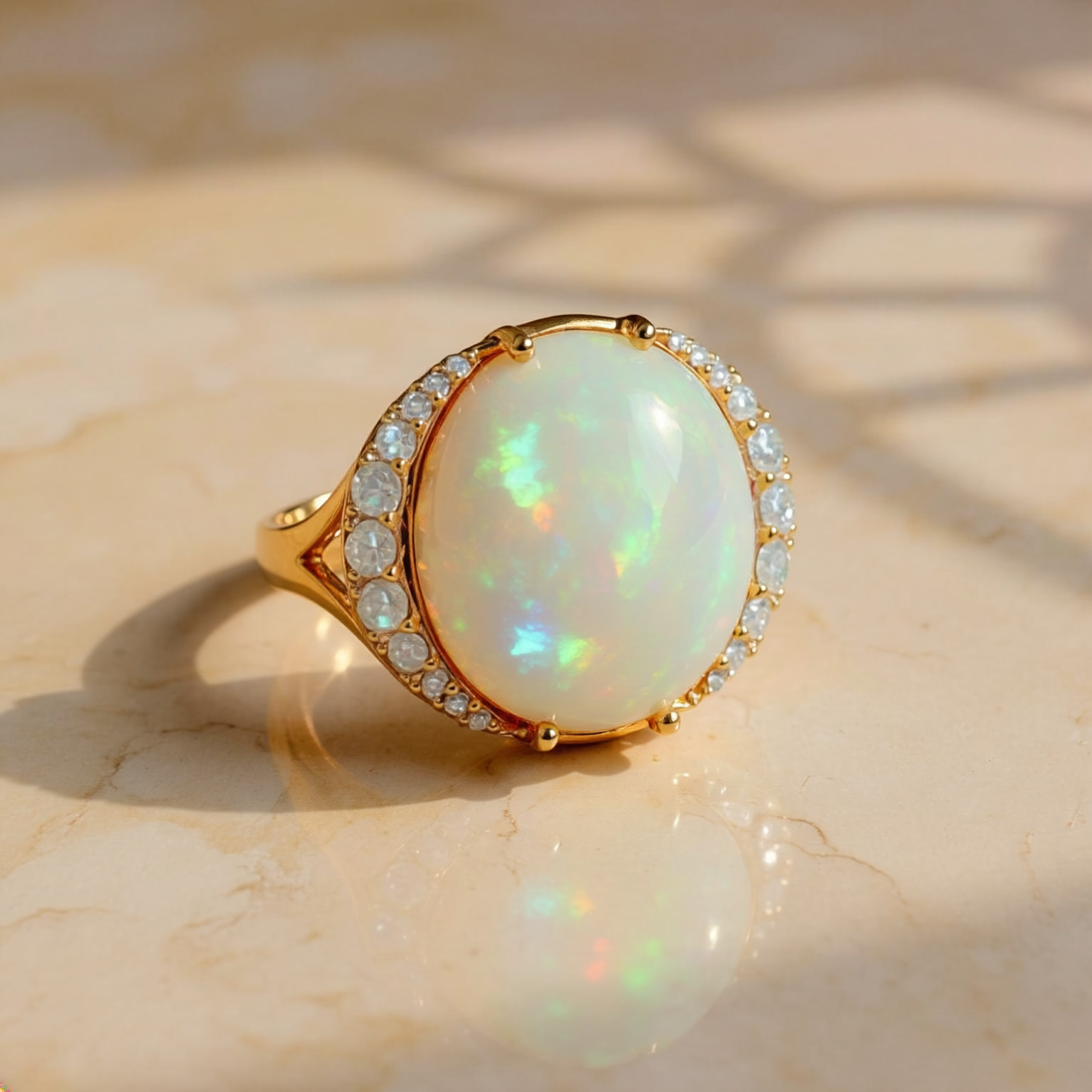 Opal and Diamond Halo Cocktail Ring