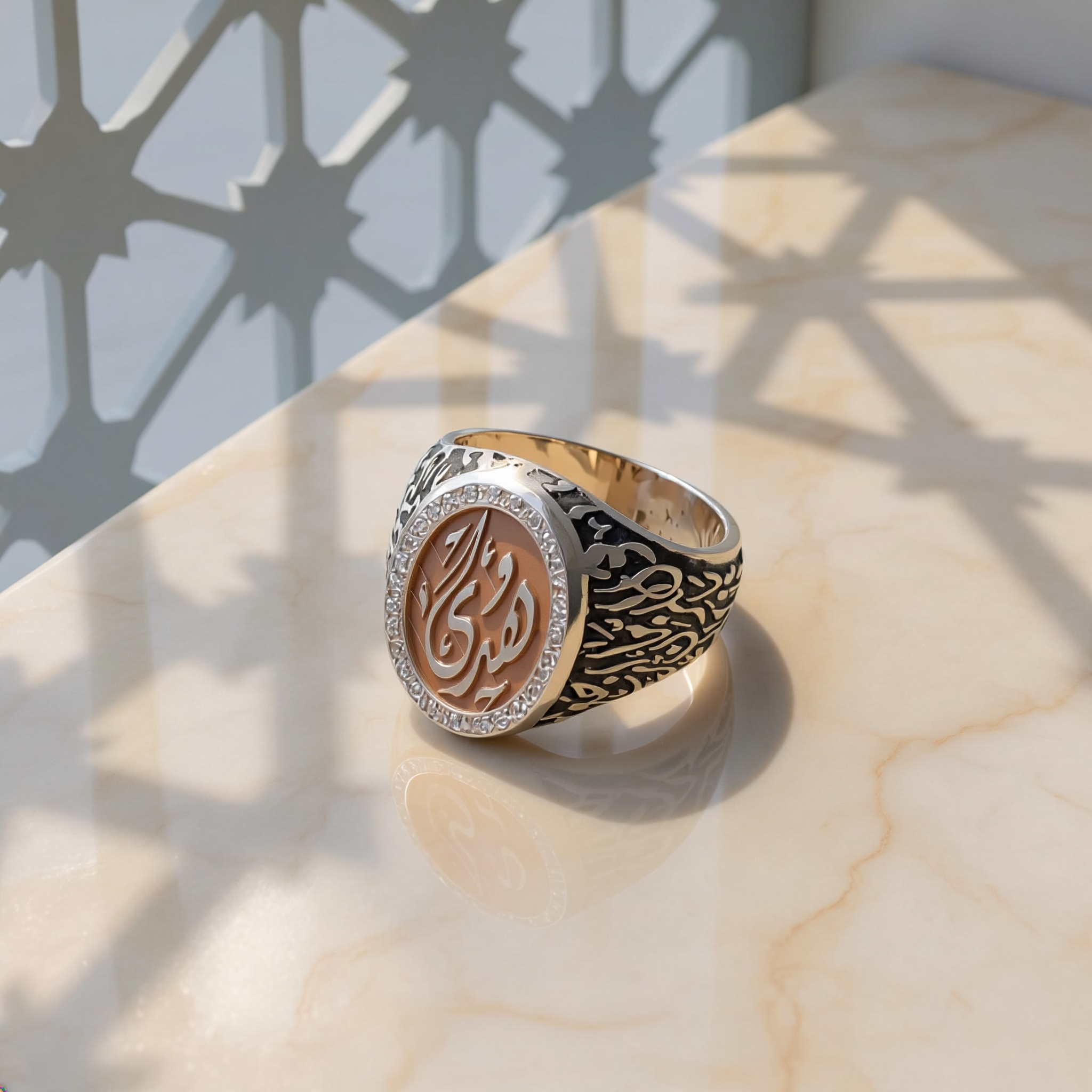 Custom Two-Tone Calligraphy Signet Ring with Masonite