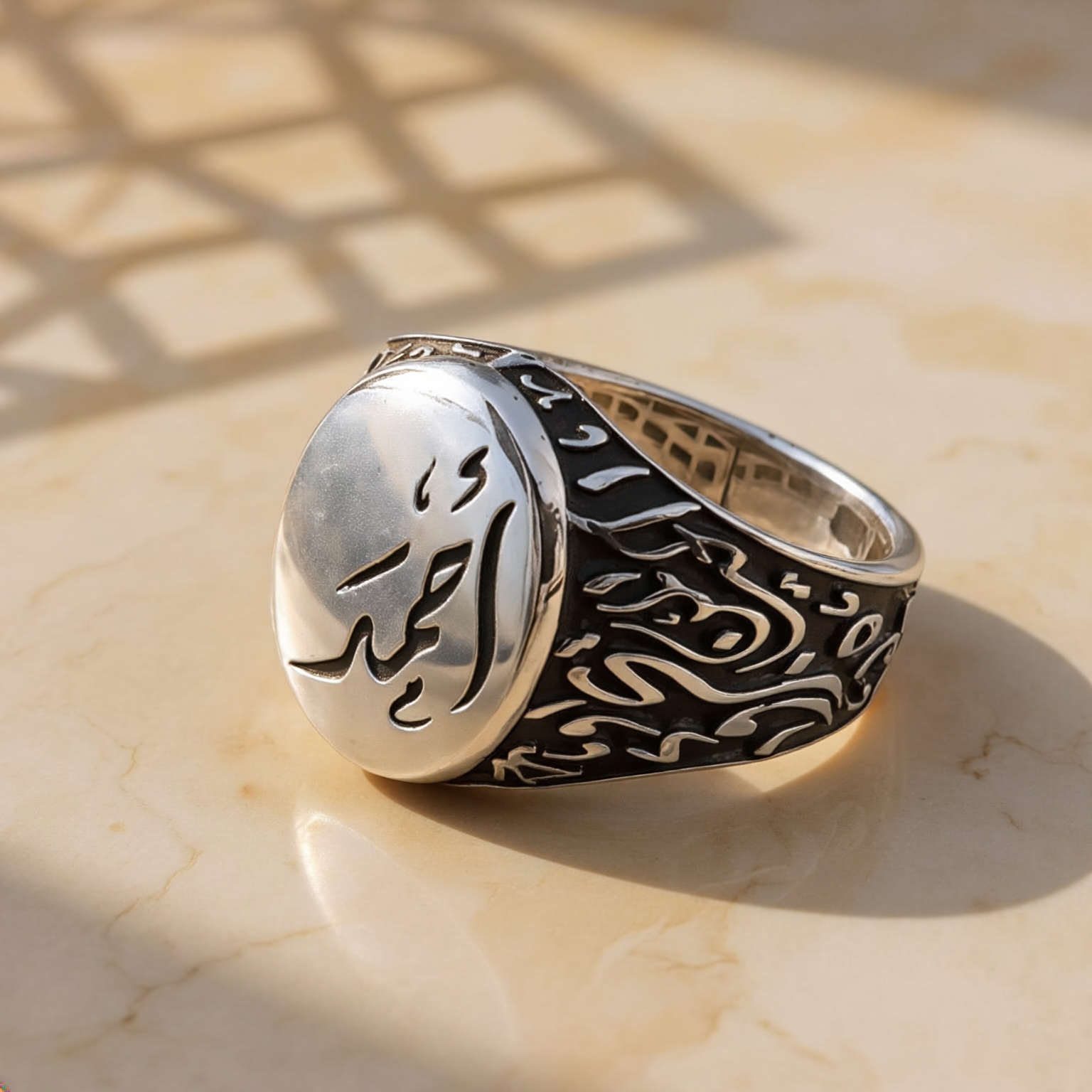 Custom Calligraphy Sterling Silver Signet Ring - Flat Center