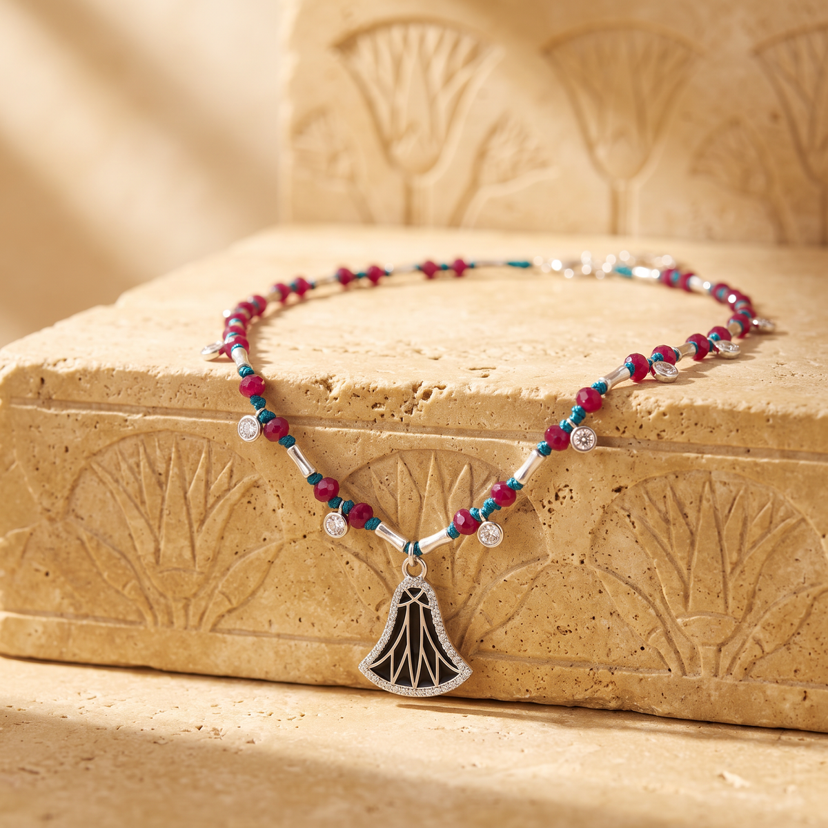 Egyptian Lotus Fan Necklace - Teal & Ruby