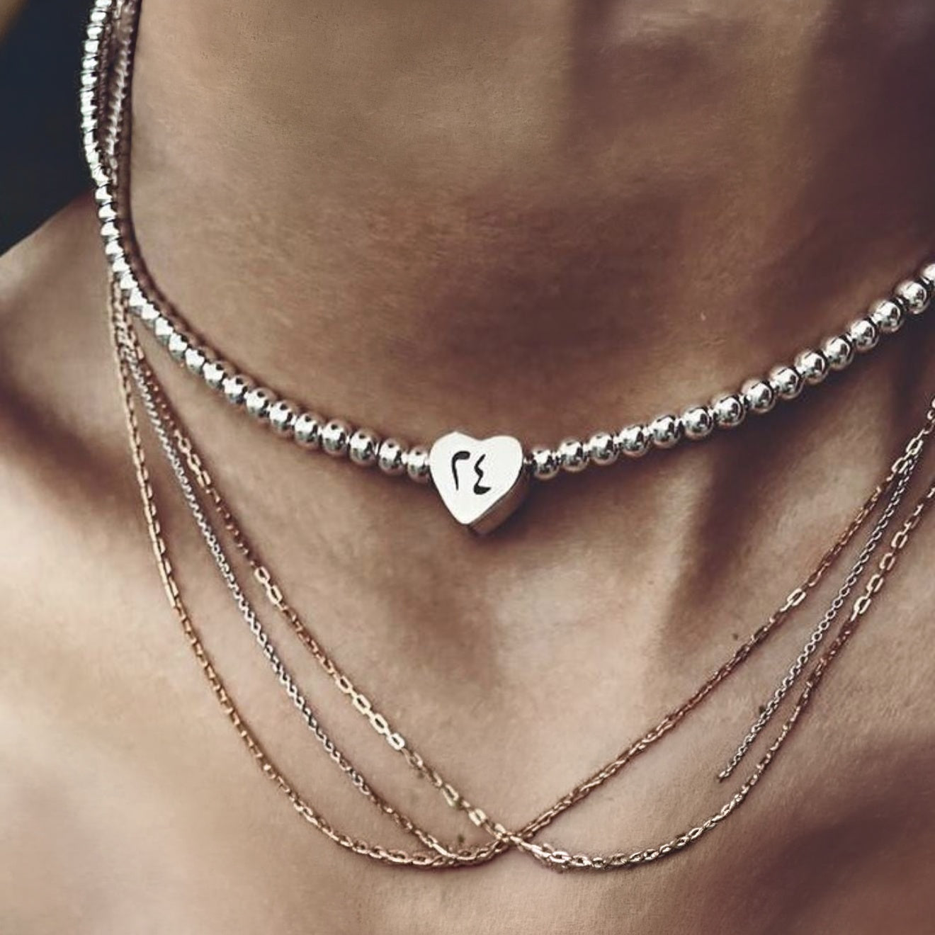 Custom Heart Calligraphy Sterling Silver Beaded chocker