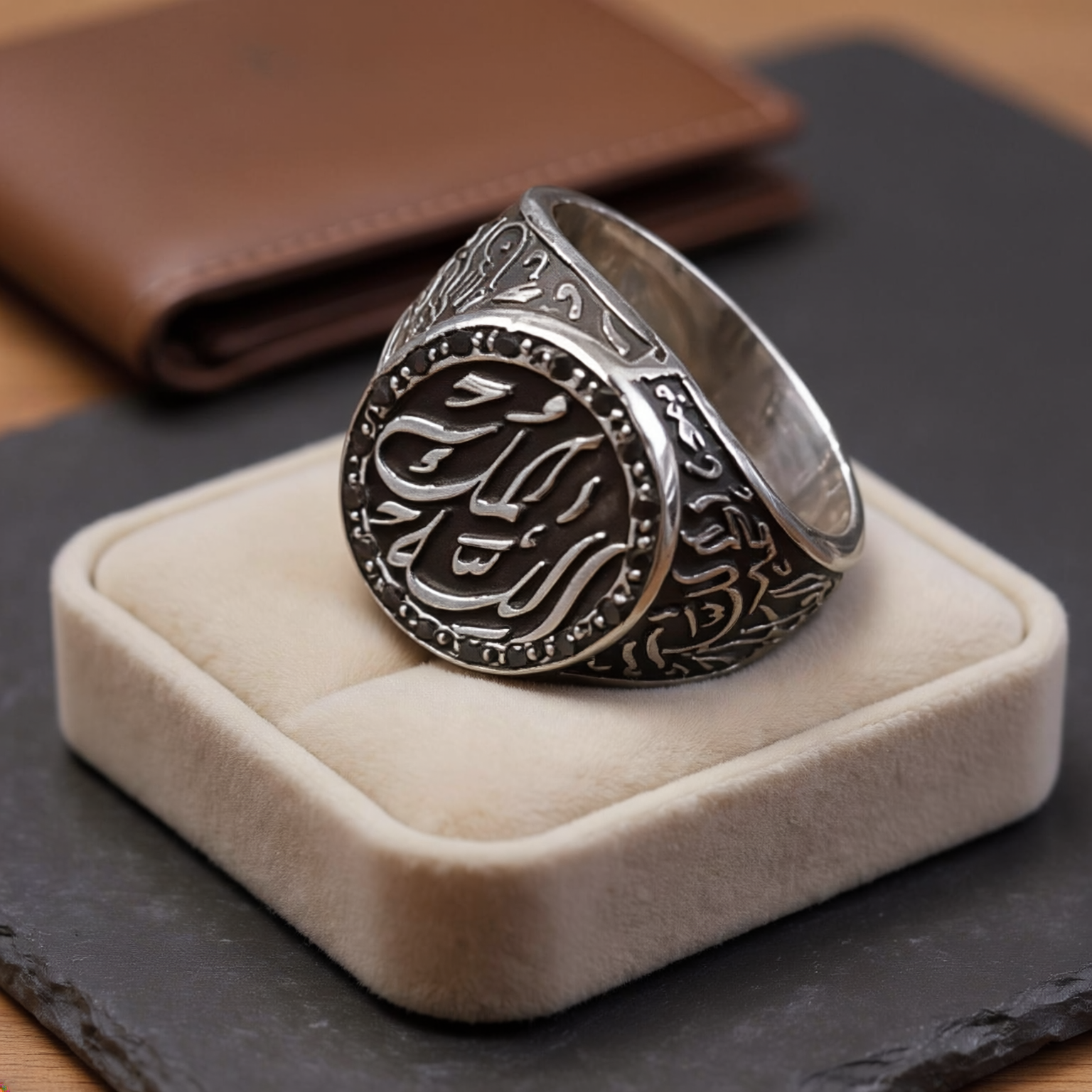Custom Calligraphy Sterling Silver Signet Ring Black Diamonds - Tri Sides