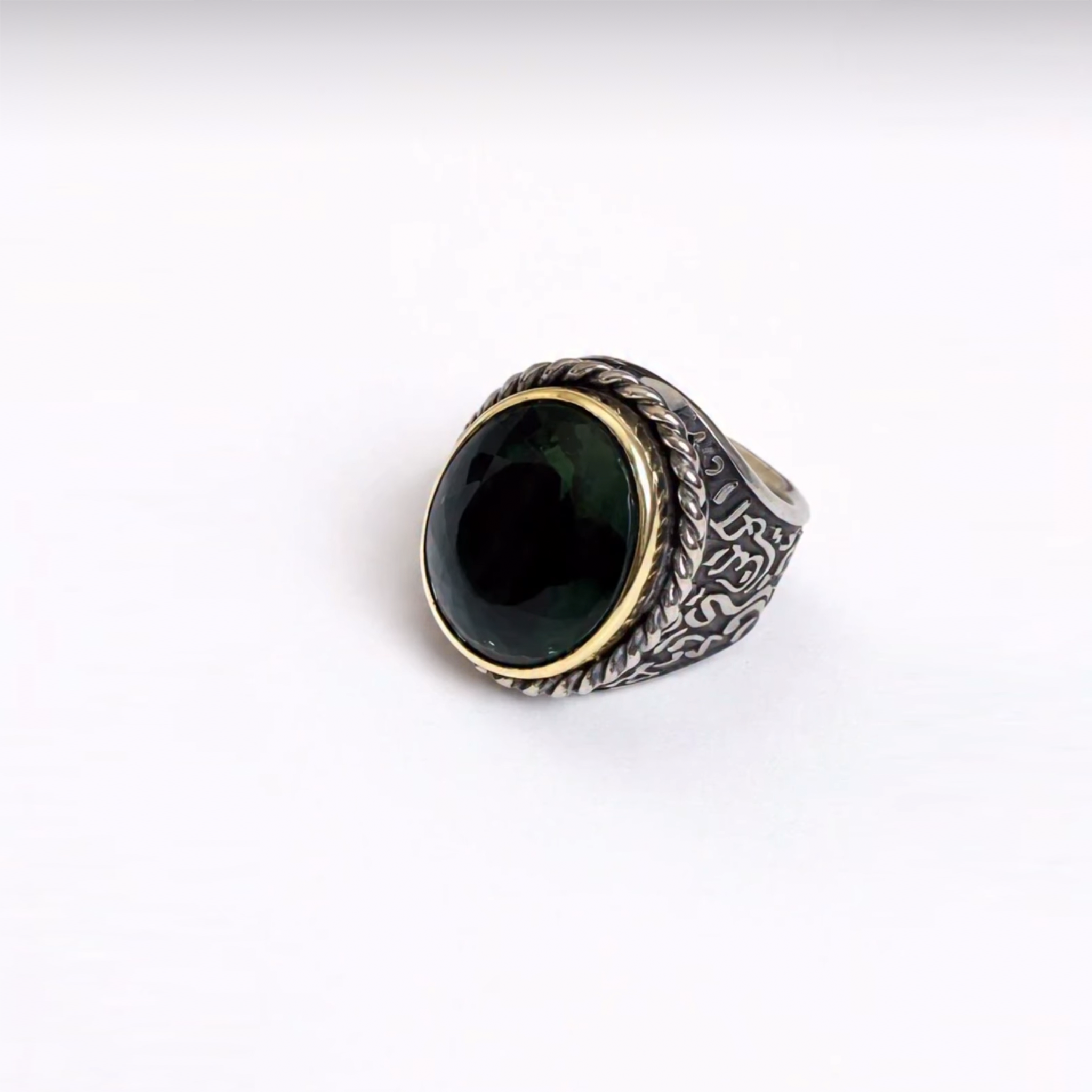 Bespoke Emerald & Custom Calligraphy Signet Ring
