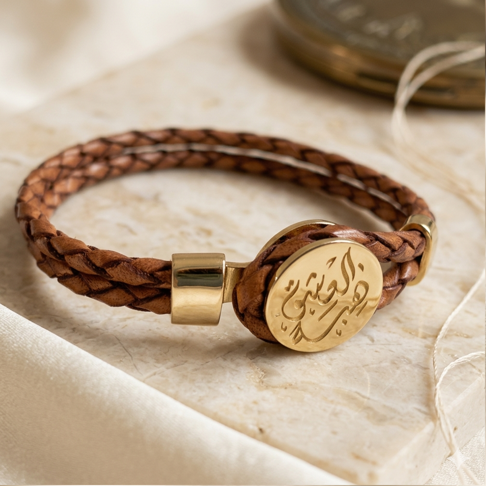 Calligraphy Flat 18K Gold Medallion Braided Genuine Leather Bracelet