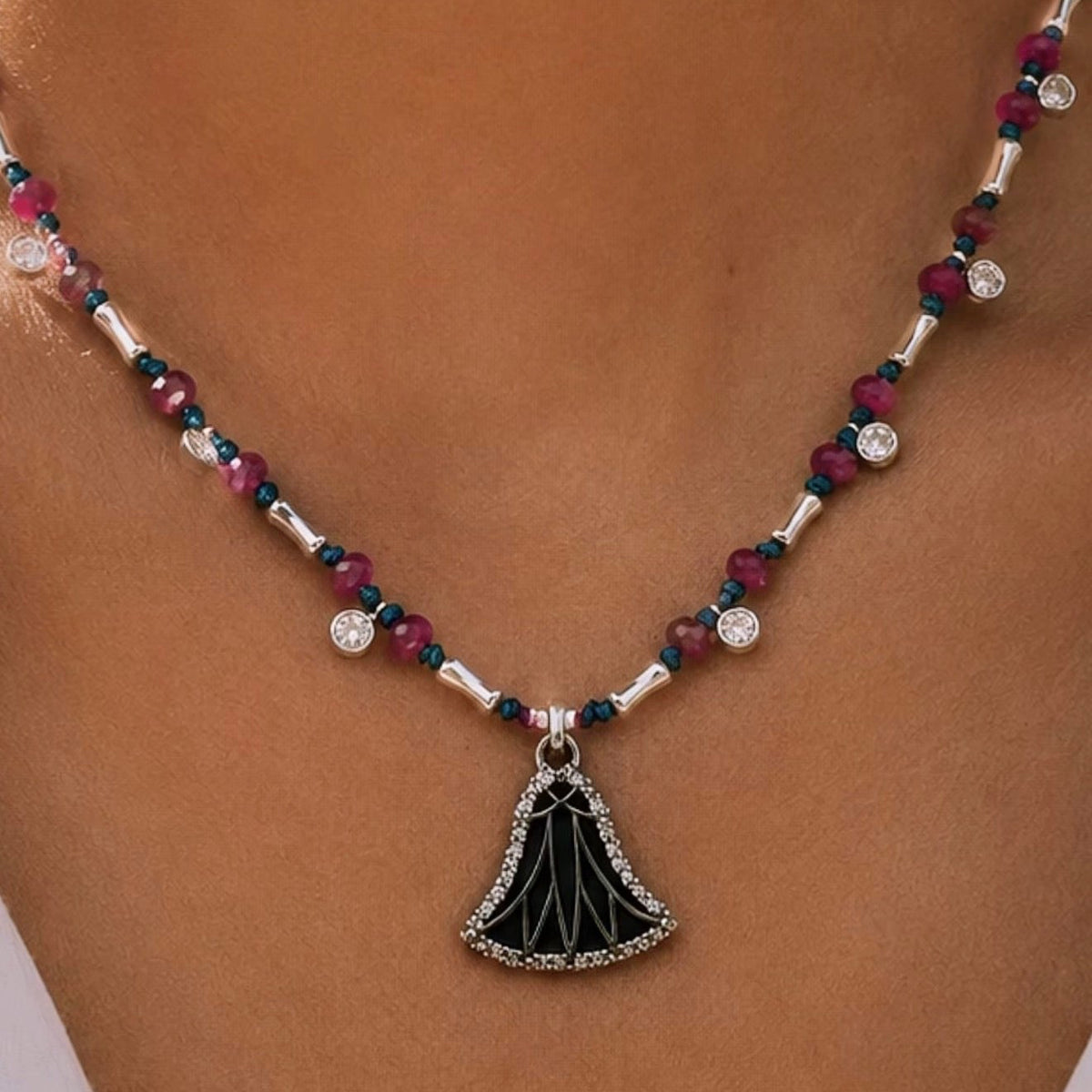 Egyptian Lotus Fan Necklace - Teal & Ruby