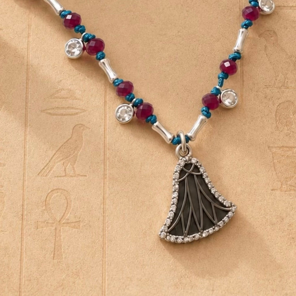 Egyptian Lotus Fan Necklace - Teal & Ruby