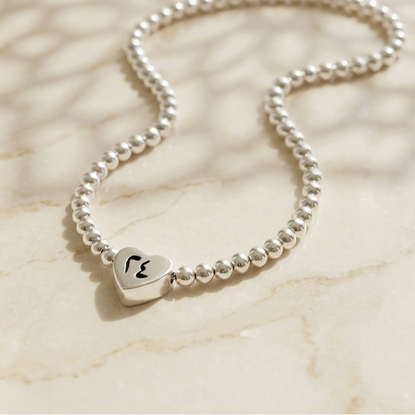 Custom Heart Calligraphy Sterling Silver Beaded chocker