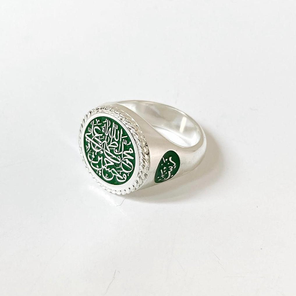 Tri-Custom Calligraphy Enamel Signet Braided Rope Border Ring