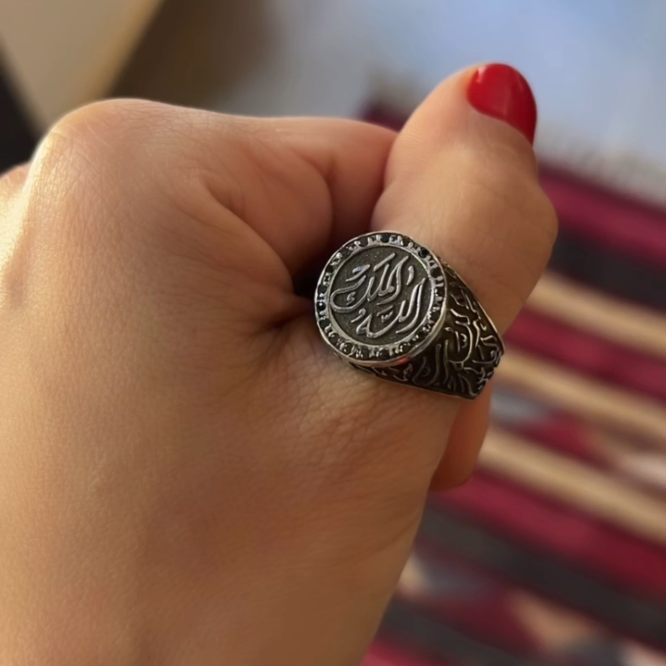 Custom Calligraphy Sterling Silver Signet Ring Black Diamonds - Tri Sides