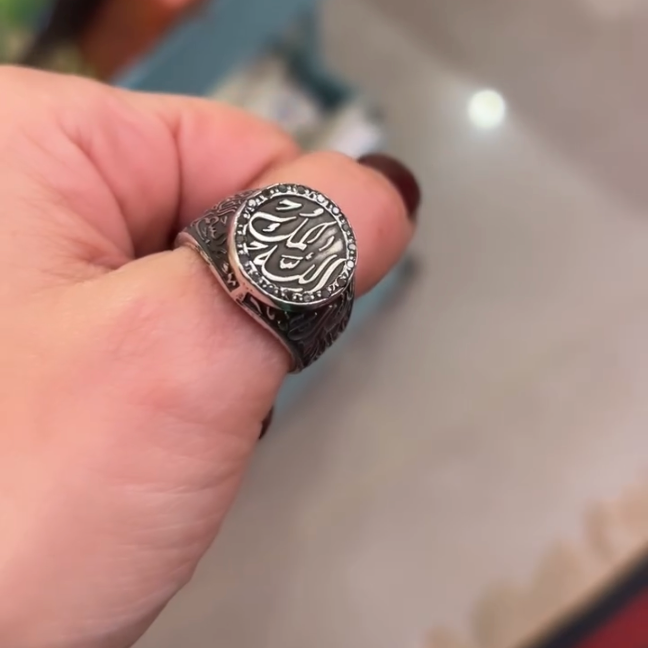 Custom Calligraphy Sterling Silver Signet Ring Black Diamonds - Tri Sides