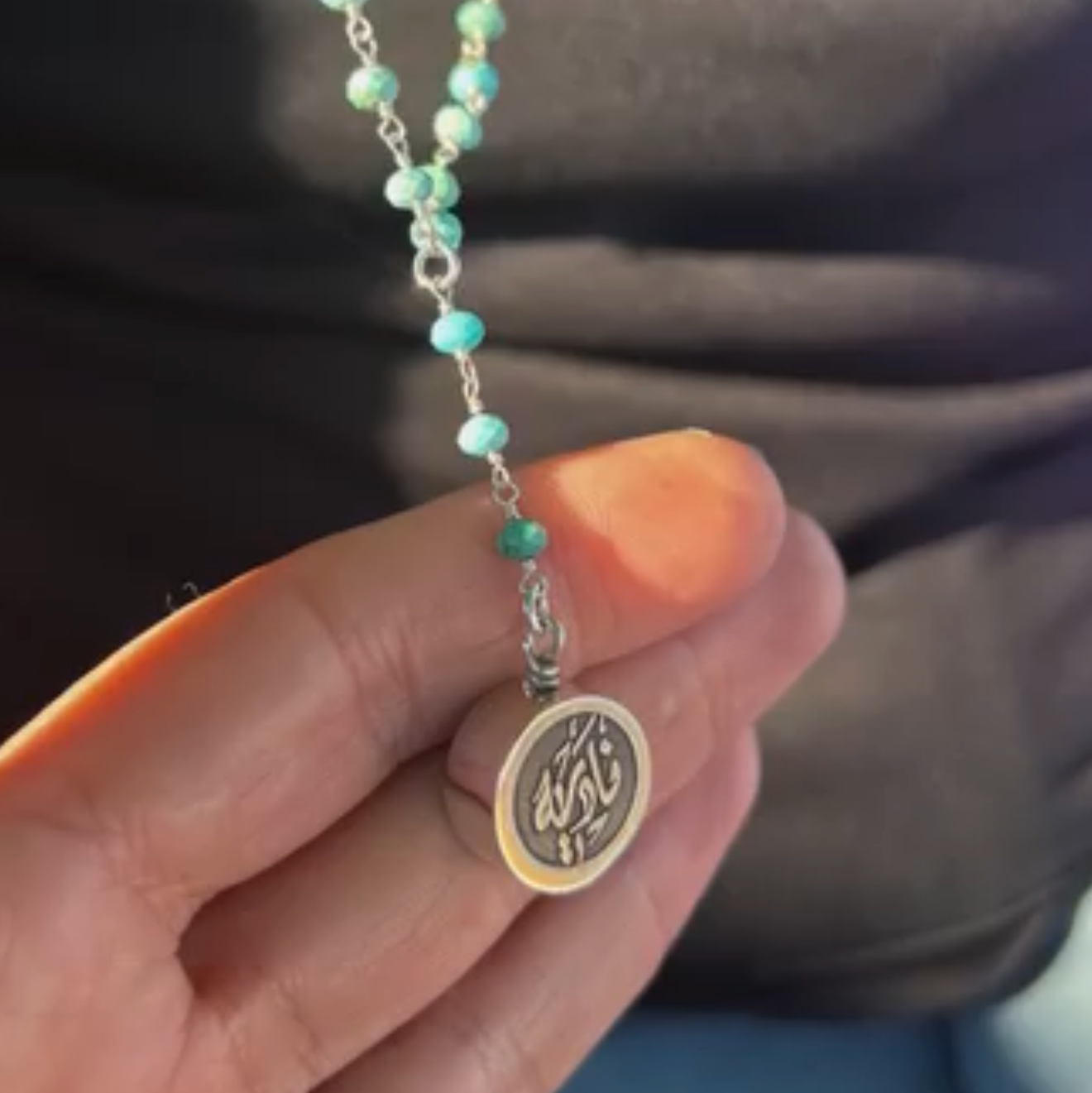 Calligraphy Spinning Medallion Turquoise Y-Necklace