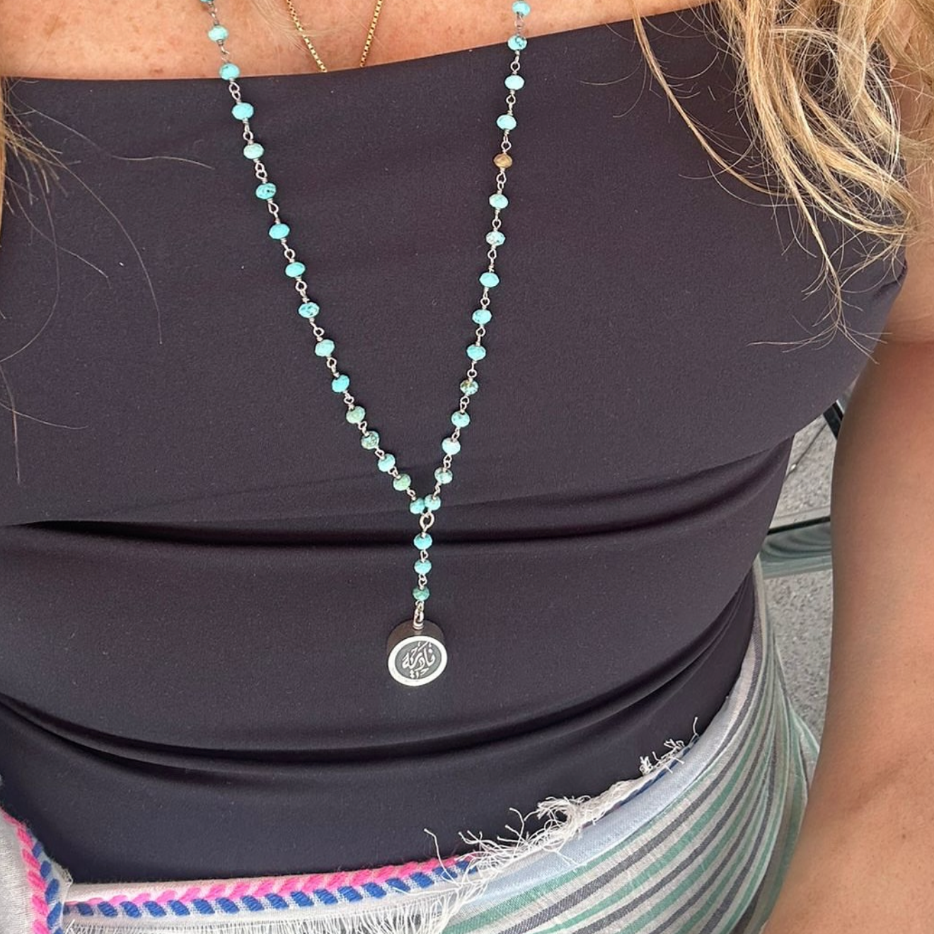 Calligraphy Spinning Medallion Turquoise Y-Necklace