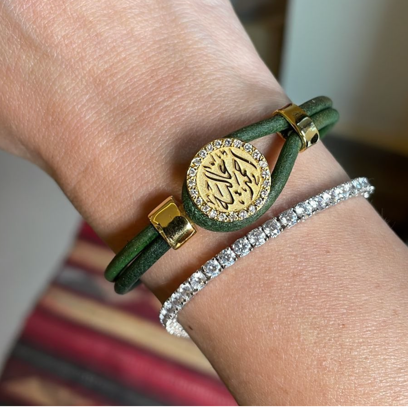 Calligraphy Medallion Leather Bracelet with Masonite