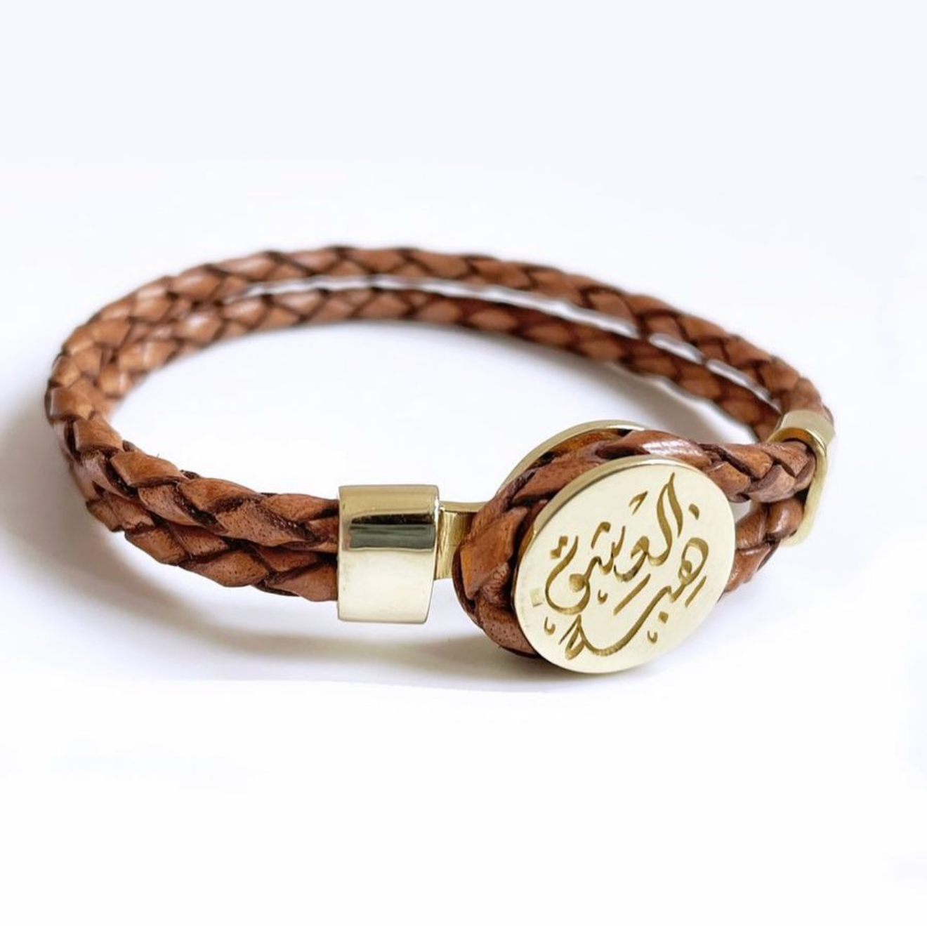 Calligraphy Flat Medallion Braided Genuine Leather Bracelet
