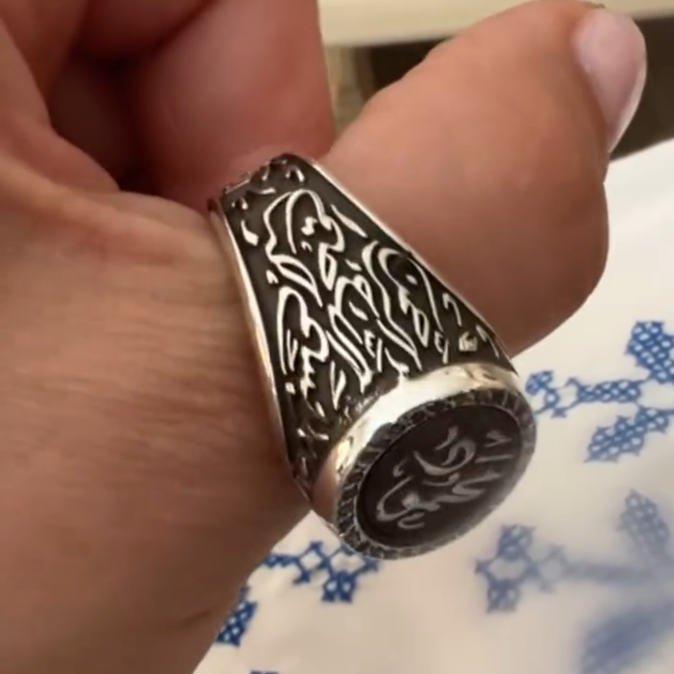 Custom Calligraphy Sterling Silver Signet Ring Black Diamonds - Tri Sides