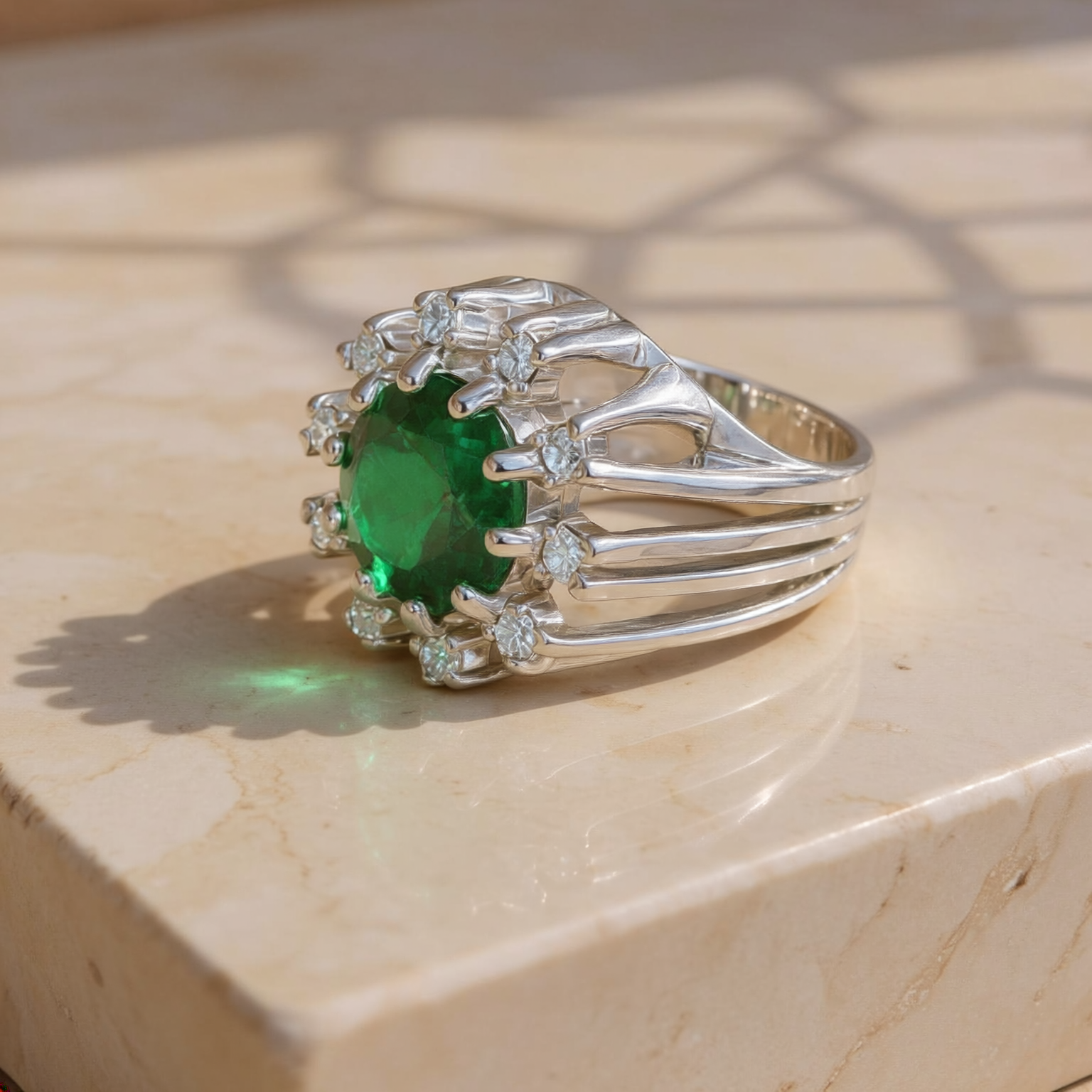 Geometric Emerald Statement Ring