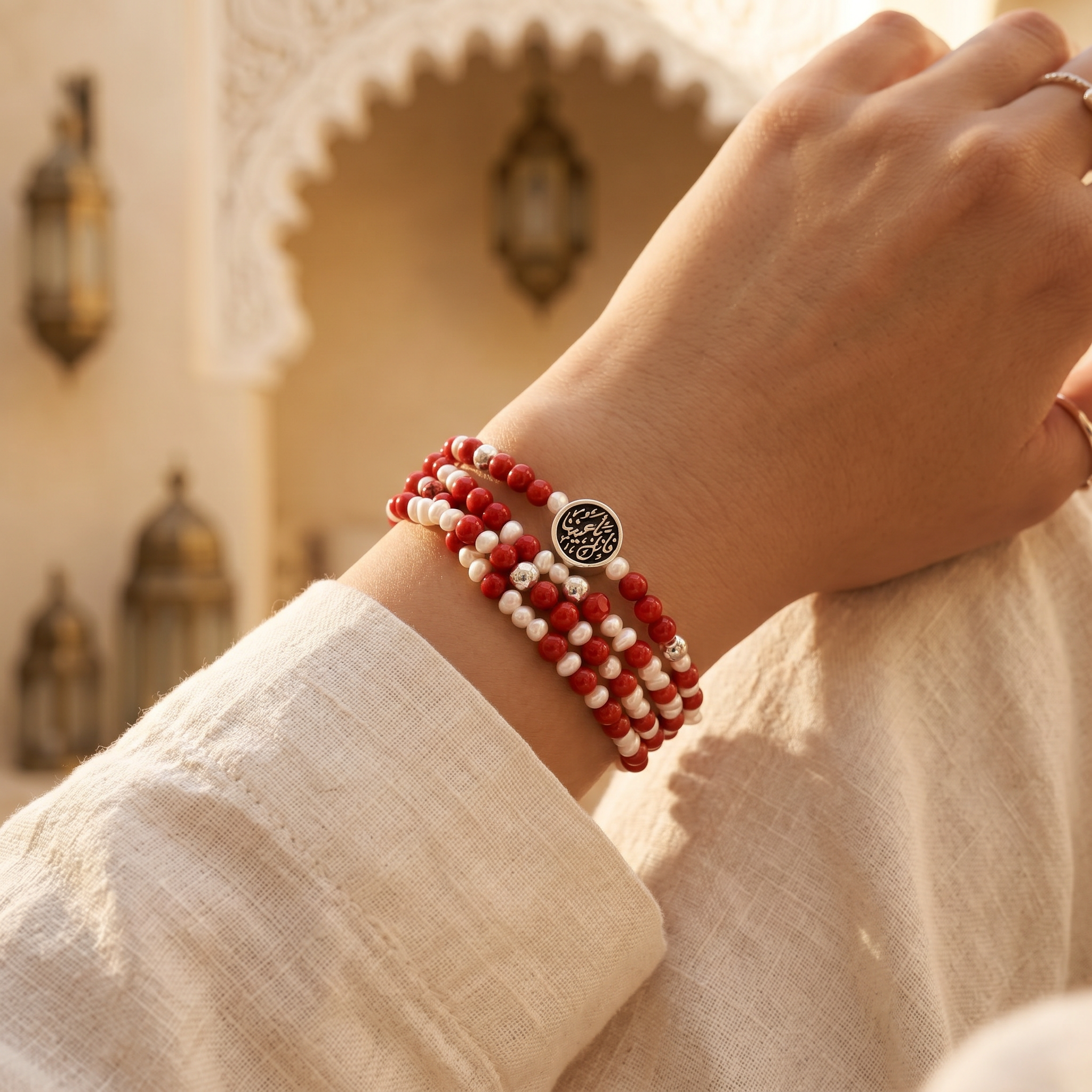 Red Coral & White Pearl 4 Wraps bracelet with mini medallion
