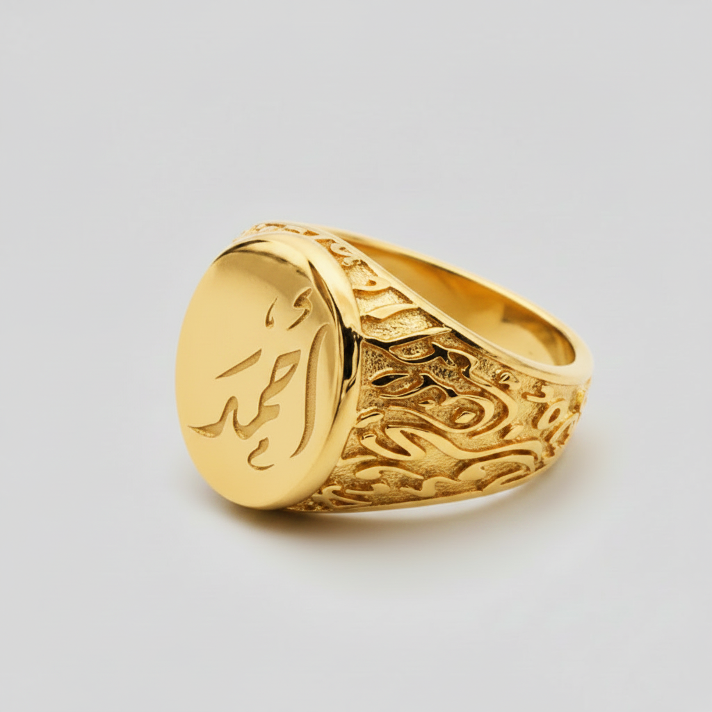 Custom Calligraphy Sterling Silver Signet Ring - Flat Center